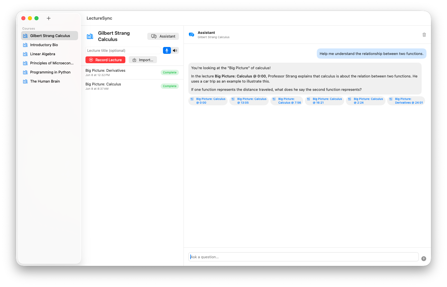 LectureSync's Course Assistant answering a calculus question from the student's own lectures, ending with a follow-up question and a row of citation chips that each link to a timestamped moment in a recording.