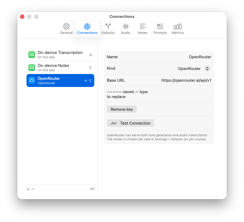 LectureSync Connections settings listing on-device transcription, on-device notes, and an OpenRouter cloud provider with a saved, masked API key.