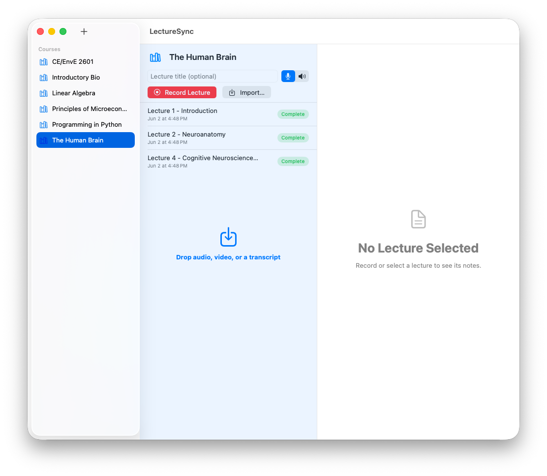 LectureSync showing a drag-and-drop zone that reads 'Drop audio, video, or a transcript', with an Import button and a list of finished lectures.