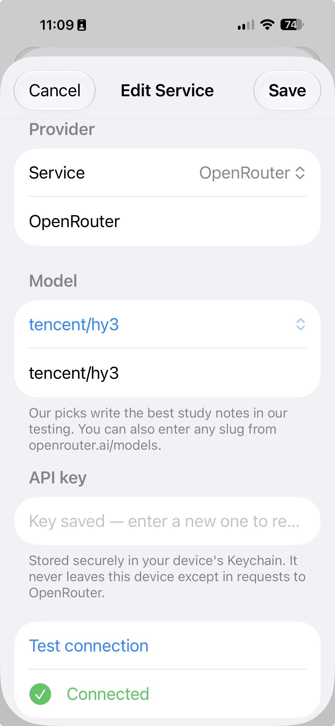 LectureSync's Edit Service screen on an iPhone: Service set to OpenRouter, a Model field, an API key field reading Key saved, a note that the key is stored in the device's Keychain, and Test connection showing a green Connected.