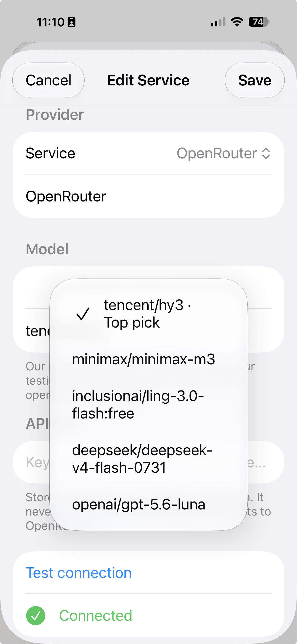 The model picker open on LectureSync's Edit Service screen on an iPhone, listing a handful of tested models with the current top pick checked.