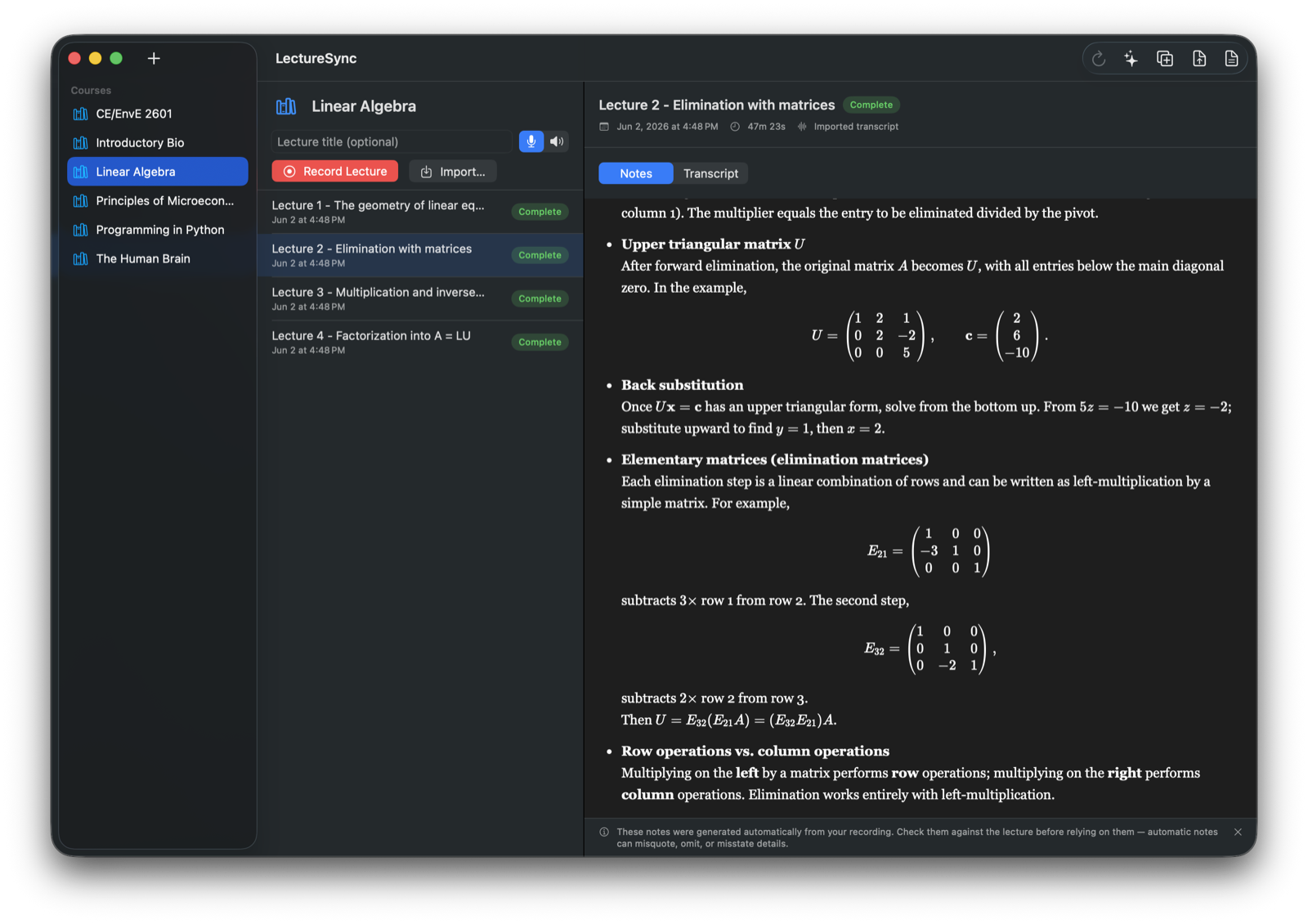 A linear algebra lecture's notes in LectureSync's dark mode, with matrices and equations rendered like a textbook.