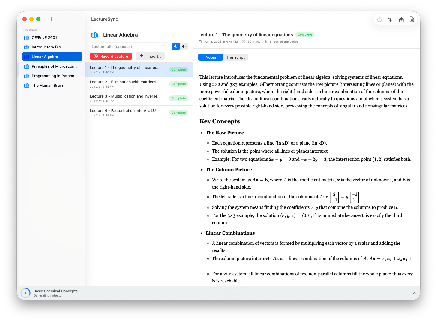 A generated LectureSync study note for a Linear Algebra lecture, with headings, key concepts, and bullet-point takeaways rendered as Markdown.