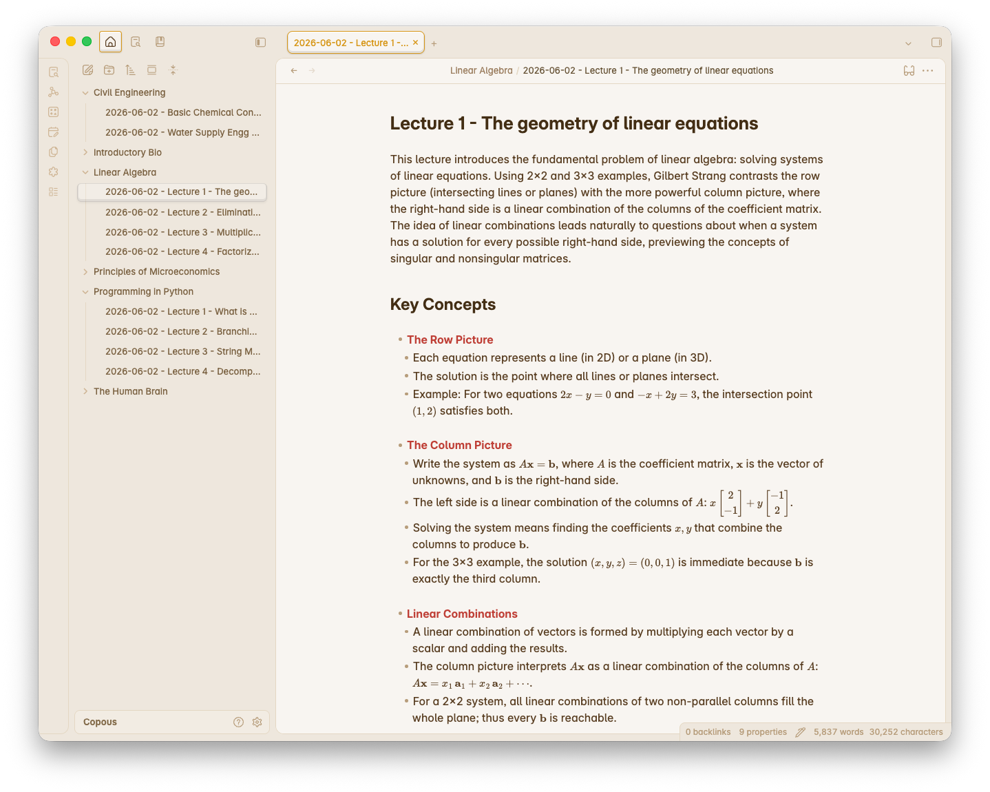 The same LectureSync study note open inside an Obsidian vault, filed under a course folder in the sidebar with headings and key concepts rendered.