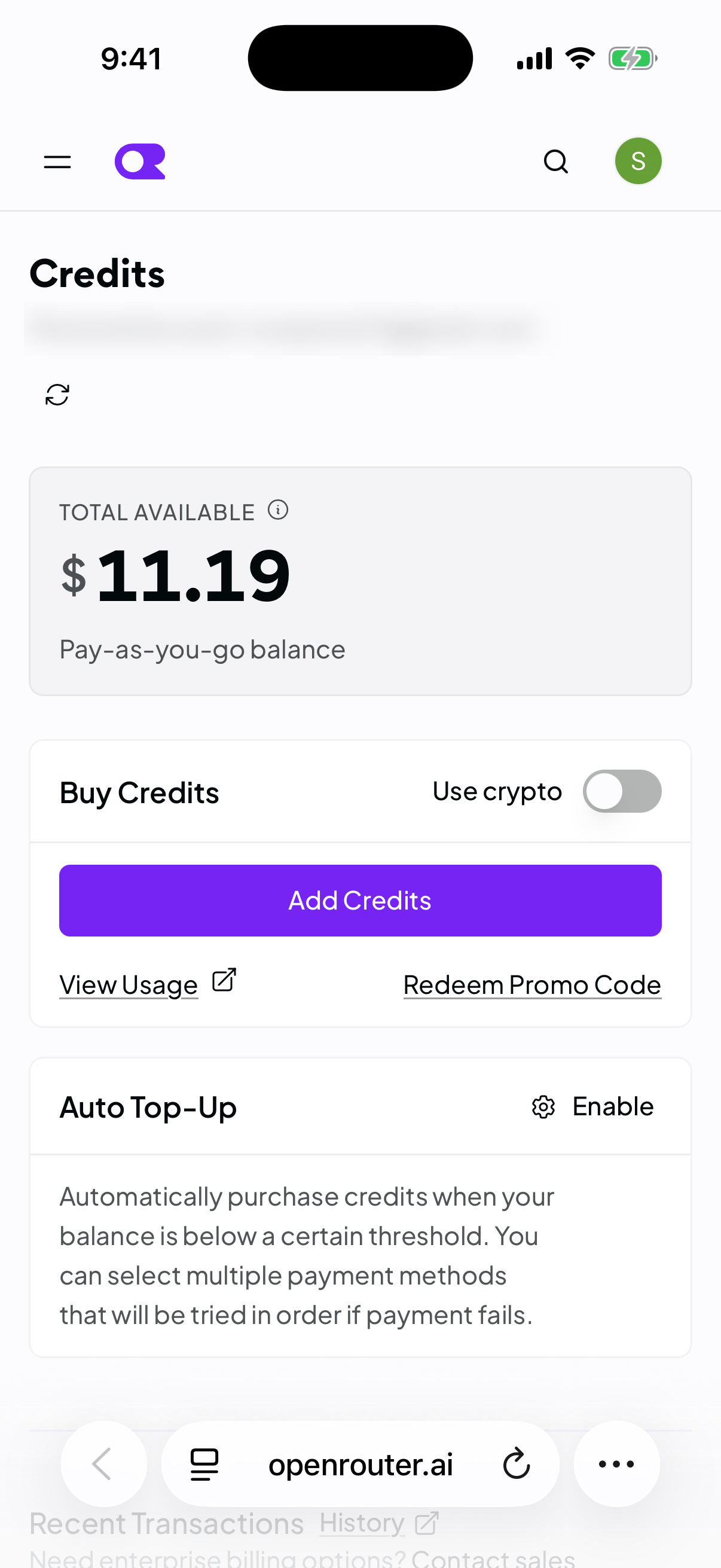 OpenRouter's Credits page on an iPhone: a pay-as-you-go balance, an Add Credits button, and Auto Top-Up showing an Enable link, meaning it is currently off.