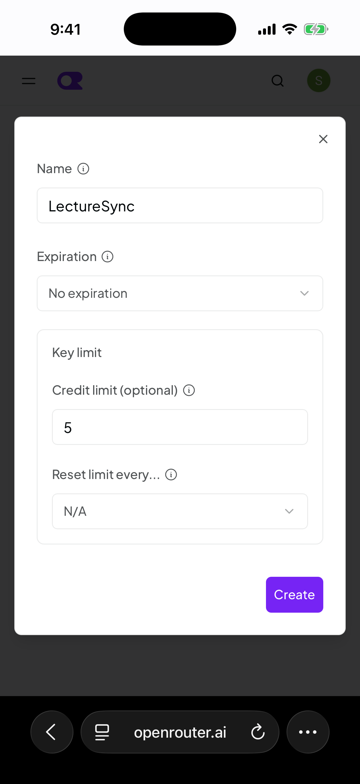 OpenRouter's New Key sheet on an iPhone, with the name field filled in as LectureSync and a credit limit entered, before the key is created.