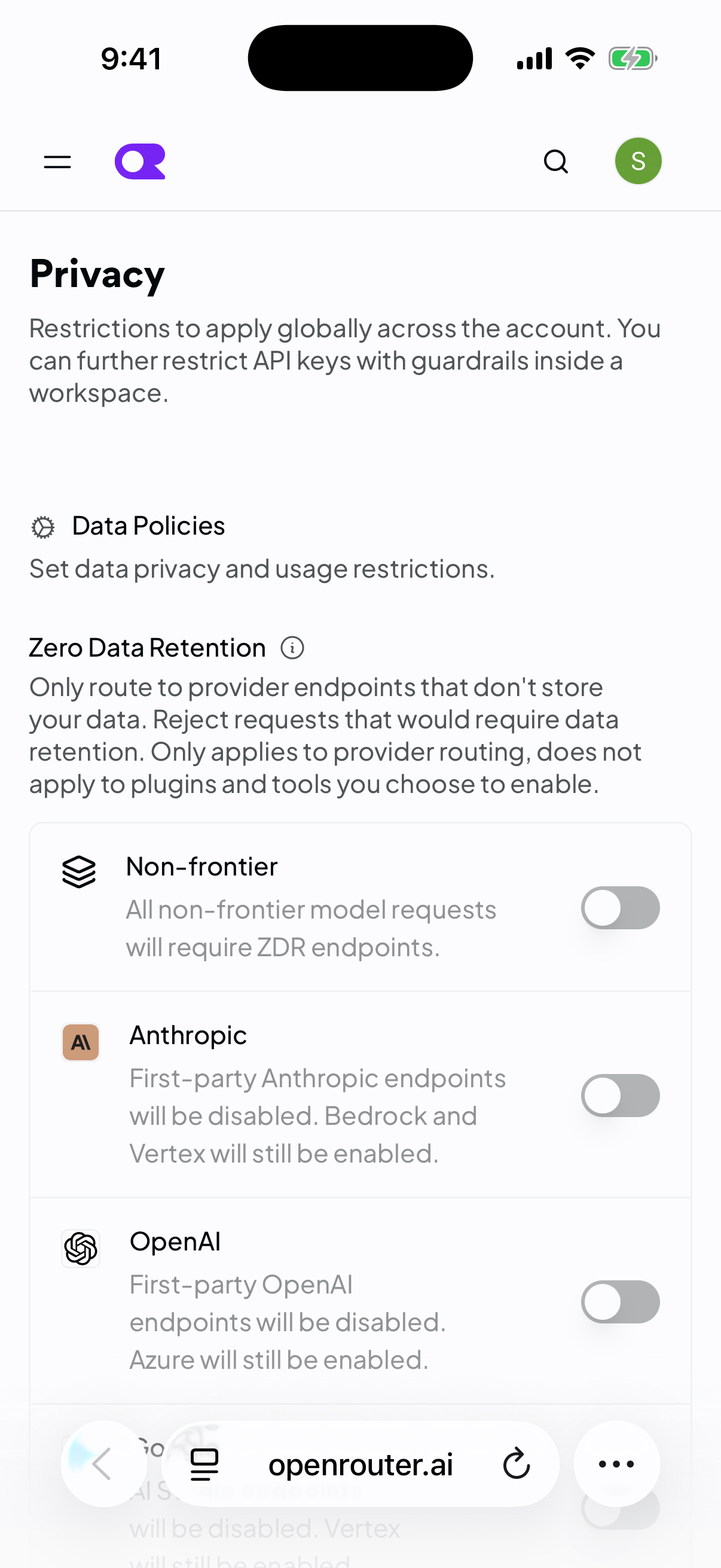 OpenRouter's Privacy page on an iPhone, showing Zero Data Retention with separate switches for Non-frontier, Anthropic, and OpenAI model groups.