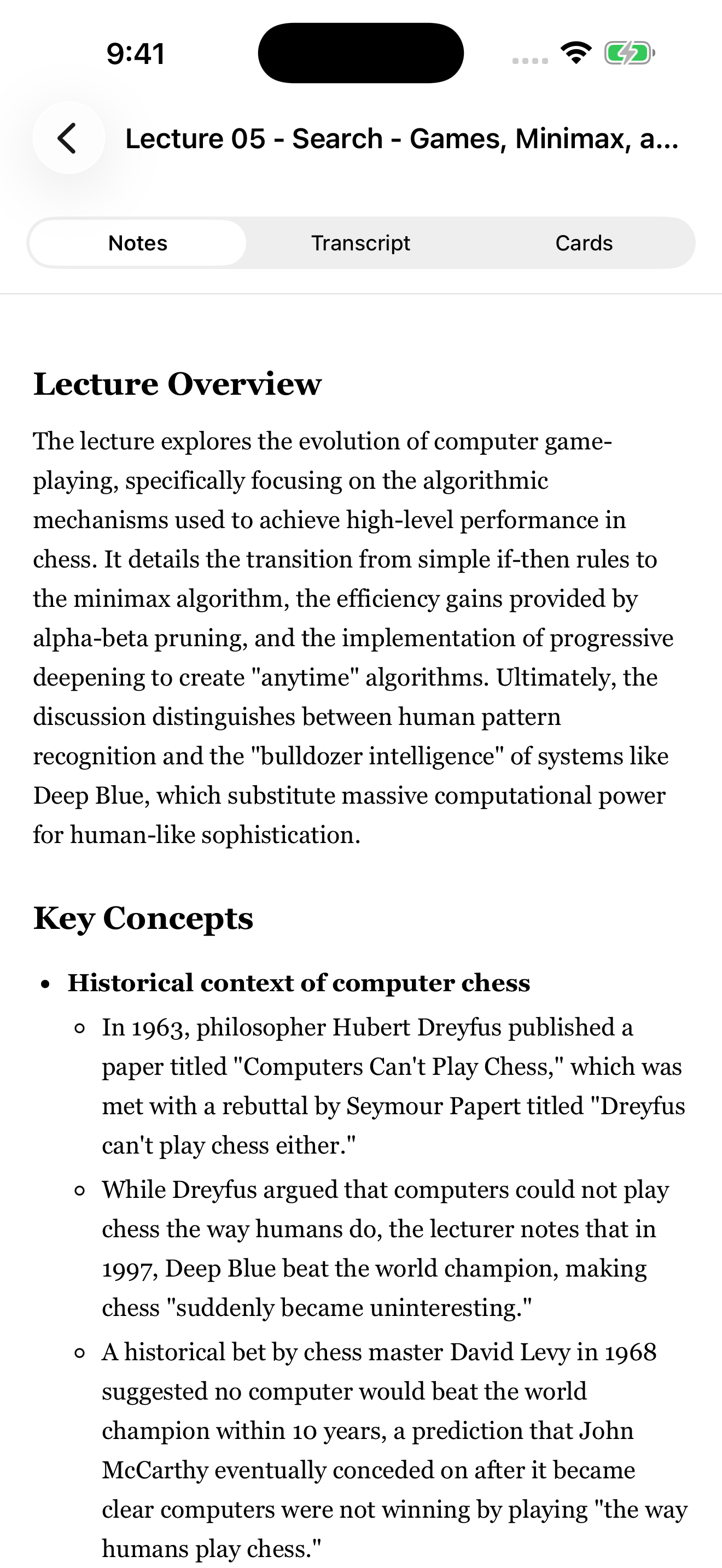 LectureSync on iPhone showing a lecture's notes, with Notes, Transcript, and Cards tabs across the top.