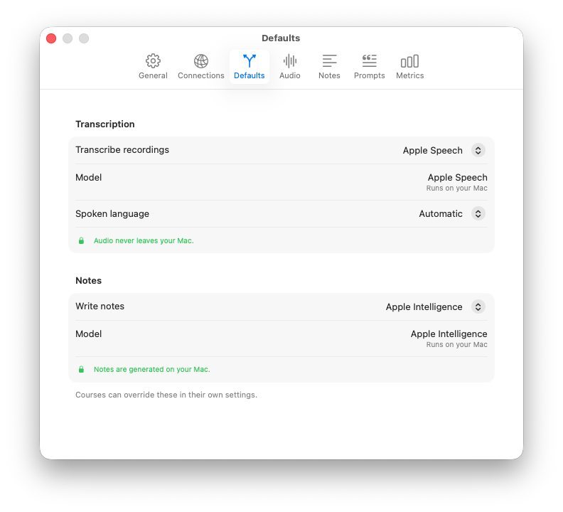 LectureSync settings showing on-device transcription and notes, with the labels 'Audio never leaves your Mac' and 'Notes are generated on your Mac'.