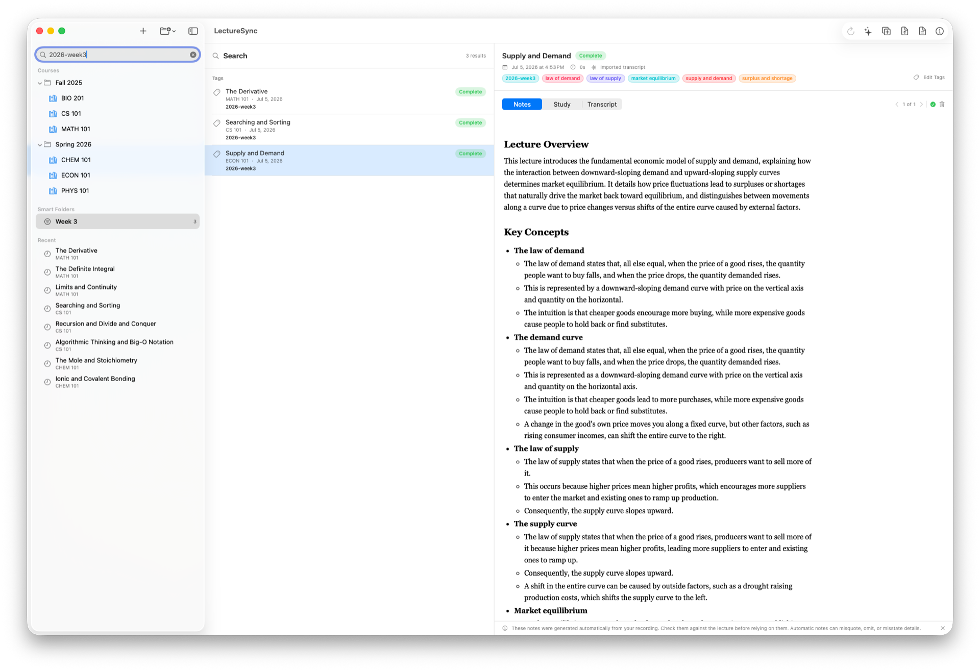 LectureSync's global search with a week tag typed, returning results from three different classes grouped under tags, with one result open beside them.