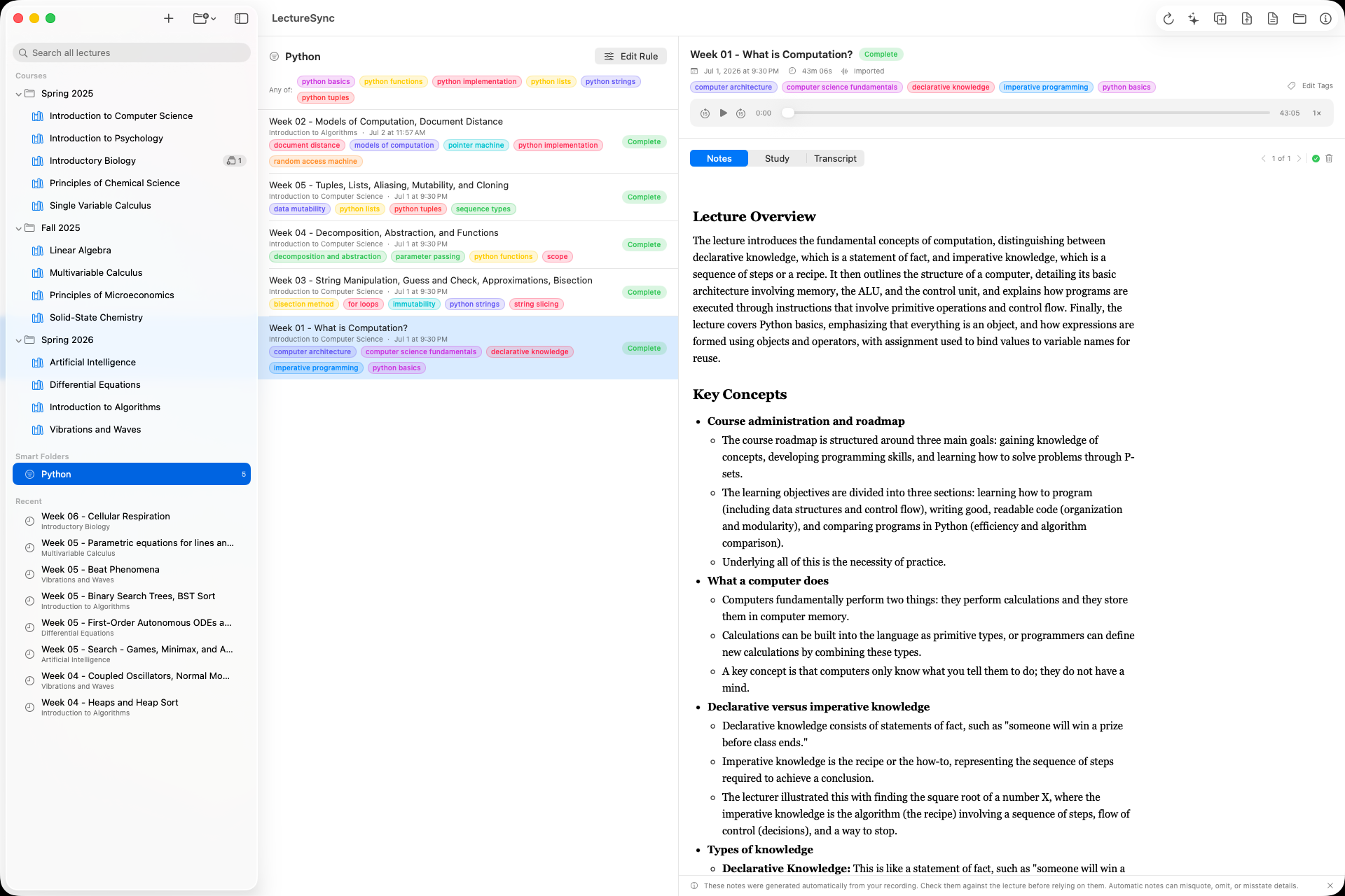 LectureSync's sidebar with courses grouped into semester folders, a smart folder that gathers every lecture carrying a chosen tag, and a Recent list; the smart folder is open, showing its tag rule and the matching lectures from several courses.