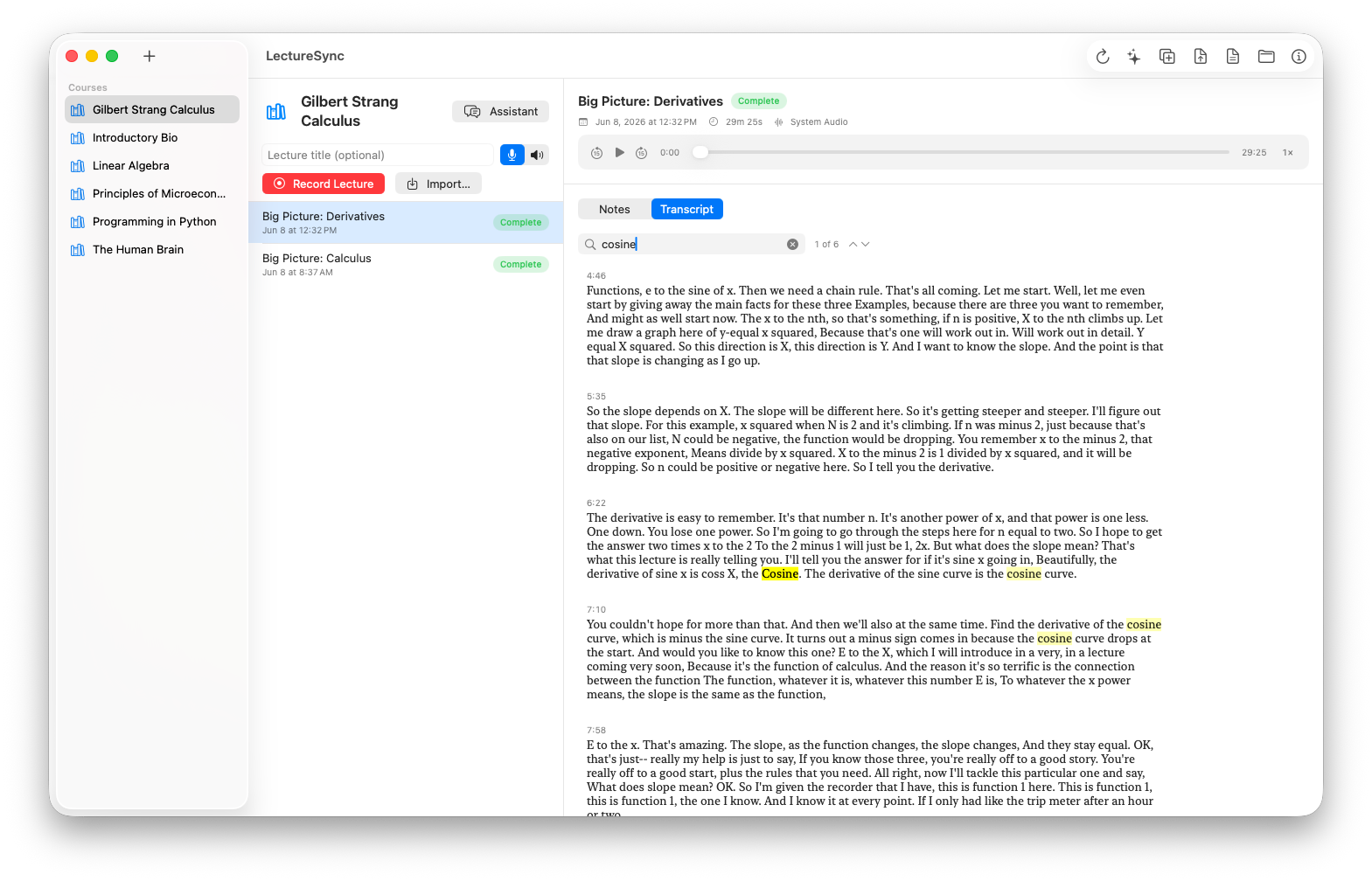 A calculus lecture's full transcript open in LectureSync, with search matches highlighted; each line is timestamped and can be clicked to seek the audio.
